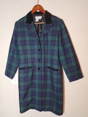Vtg Stephanie Andrews Blazer Dress Blackwatch Tartan Plaid Green Blue Size 8P